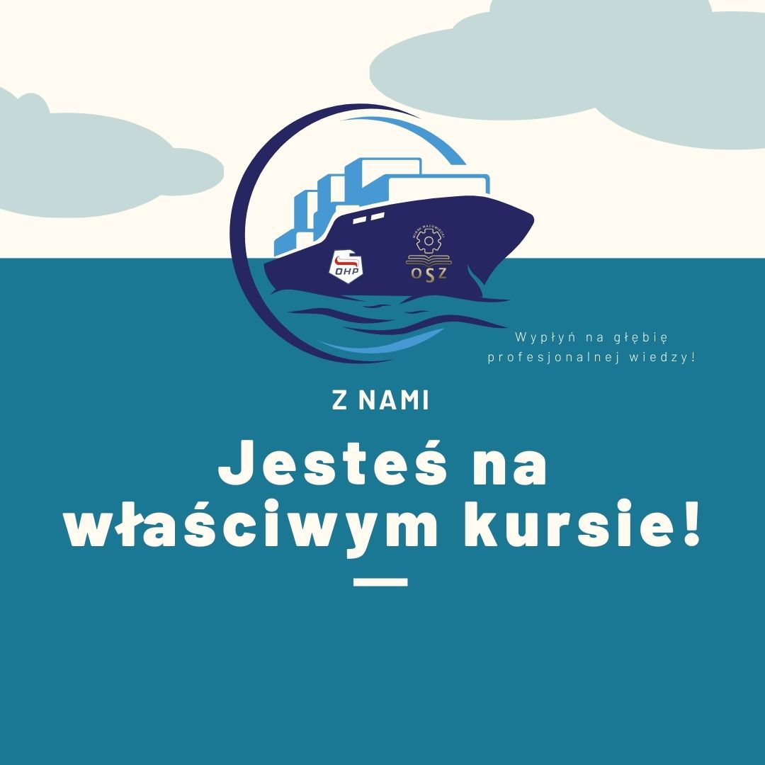 Grafika statek na morzu, napis 'Jesteś na właściwym kursie!'